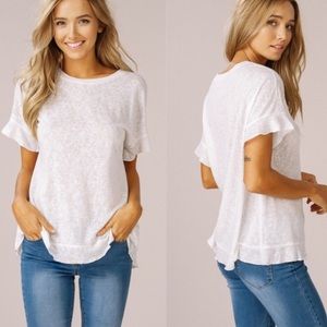 White Basic Short Sleeve Tee with Riffled Sleeve